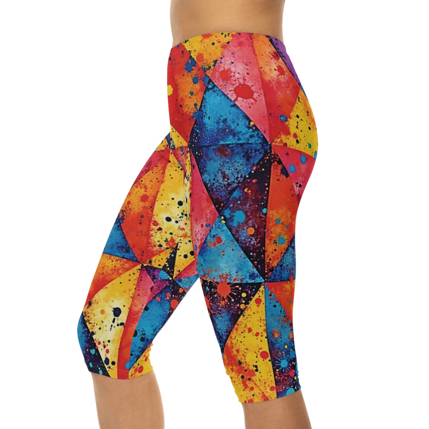 Colorful Geometric Splash Capri Leggings — Vibrant Triangle All-Over Print