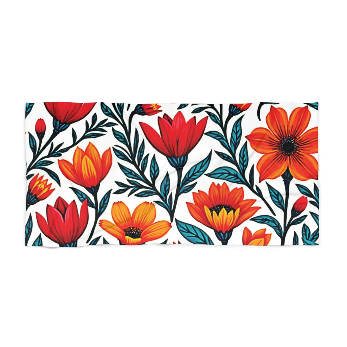 Floral Sunset Beach Towel — Vibrant Red & Orange Bloom Pattern