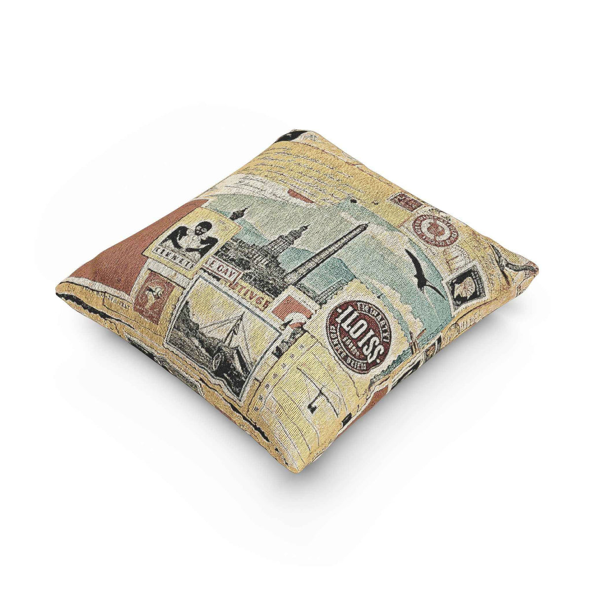 Vintage Travel Collage Woven Pillow | Cityscape Postcard Tapestry