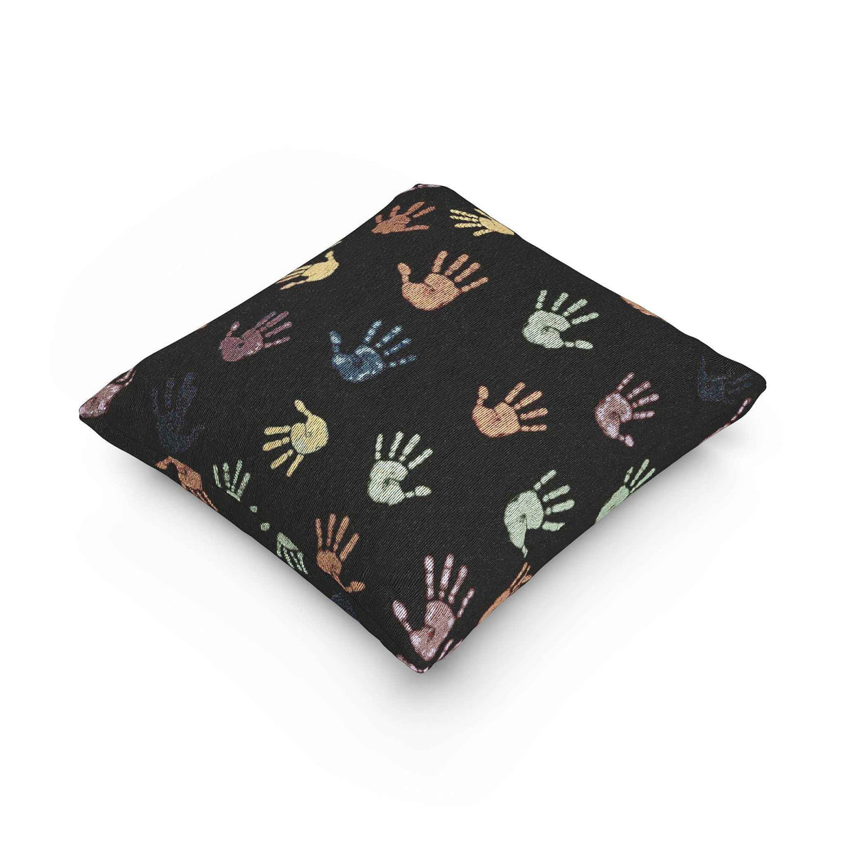 Colorful Handprint Pattern Pillow | Multicolor Hands on Black Throw Pillow