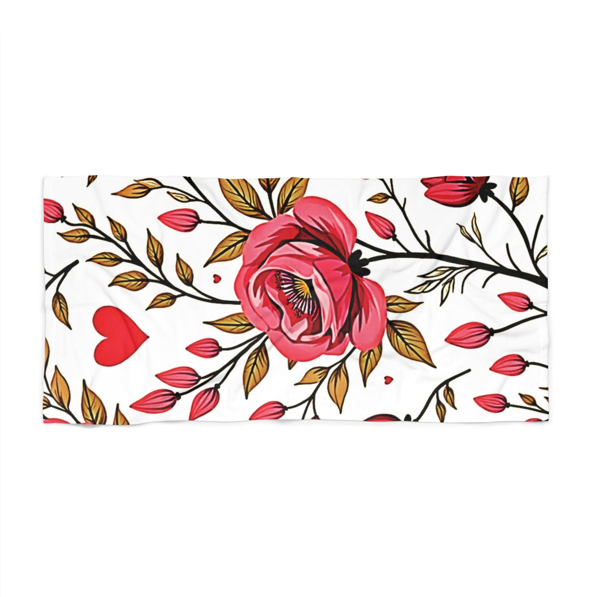 Floral Hearts Beach Towel — Pink Rose Pattern Sun & Pool Towel