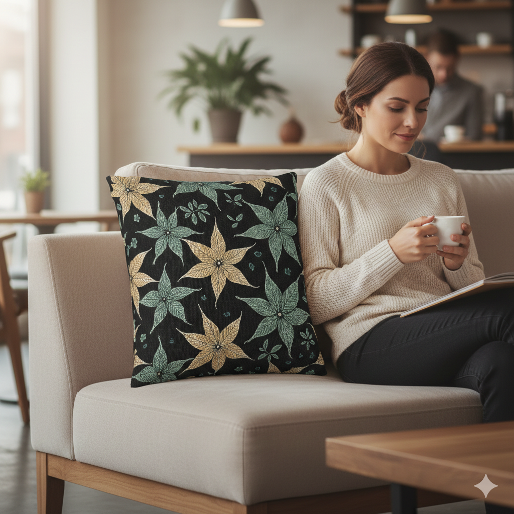 Star Floral Pattern Woven Pillow | Teal Gold Floral Throw Pillow