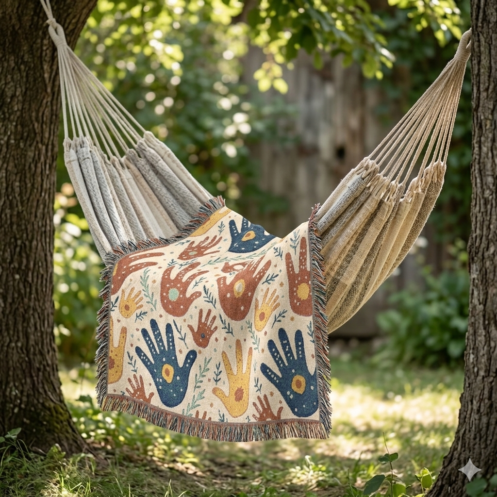 Handprint Pattern Woven Blanket — Boho Tribal Throw for Living Room, Nursery, or Gift