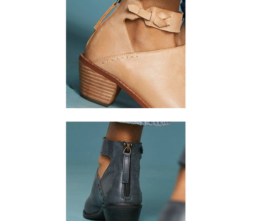 Women’s Leather Ankle Boots – Cut-Out Buckle Strap Booties with Back Zipper
