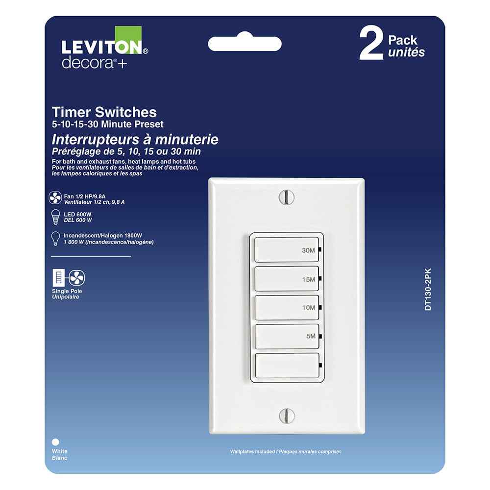 Leviton 2-Pack Countdown Timer Switch for Bathroom Fan and Household Lights, 5-10-15-30 min, No Neutral Required, Single Pole, 15A, 1/2HP/9.8A Fan/Motor, DT130-1LW, White ๐ All In One Marketplace Canada