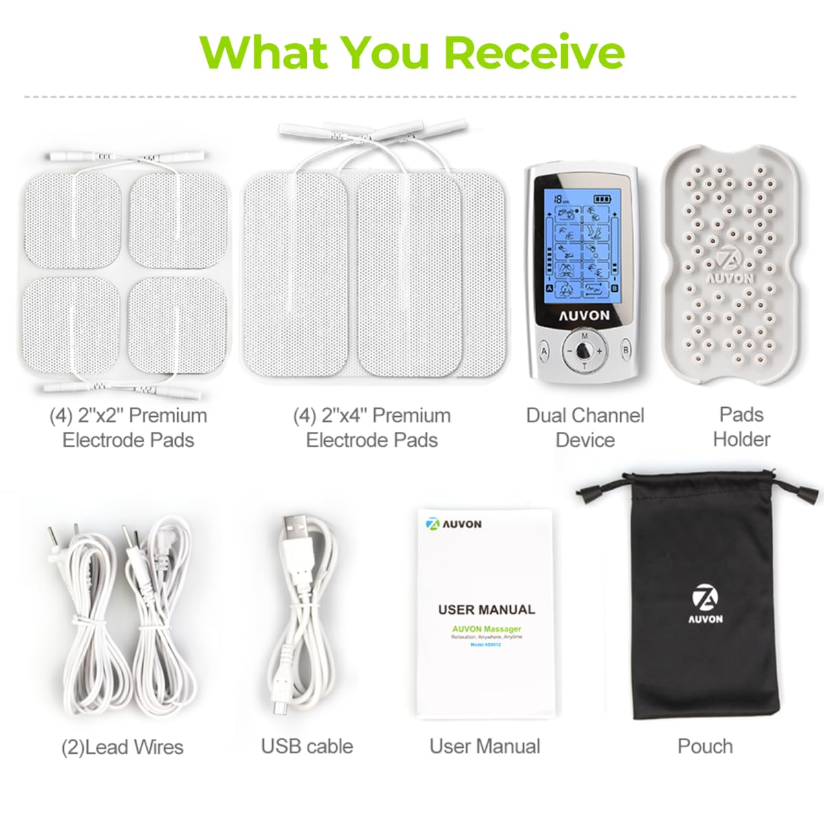 AUVON Dual Channel TENS Unit Muscle Stimulator Machine with 20 Modes, 2" and 2"x4" TENS Unit Electrode Pads ๐ All In One Marketplace Canada