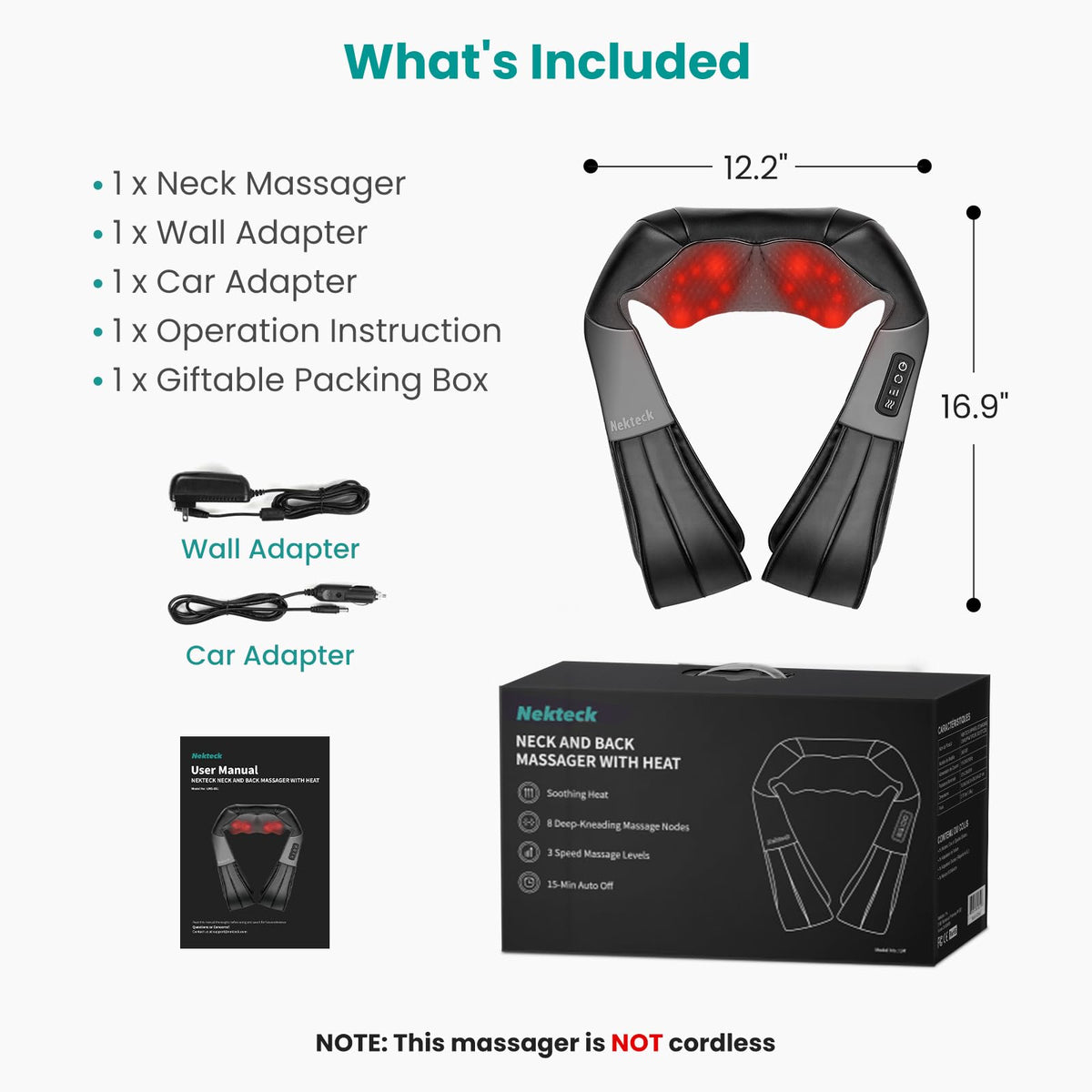 Nekteck Shiatsu Back Neck Massager,2026 Upgraded 3D Back Shoulder Kneading Massage Pillow, Deep Kneading Shoulder Massager with Heat, Waist Massage Pillow for Home Car and Office Use (NOT Cordless) ๐ All In One Marketplace Canada