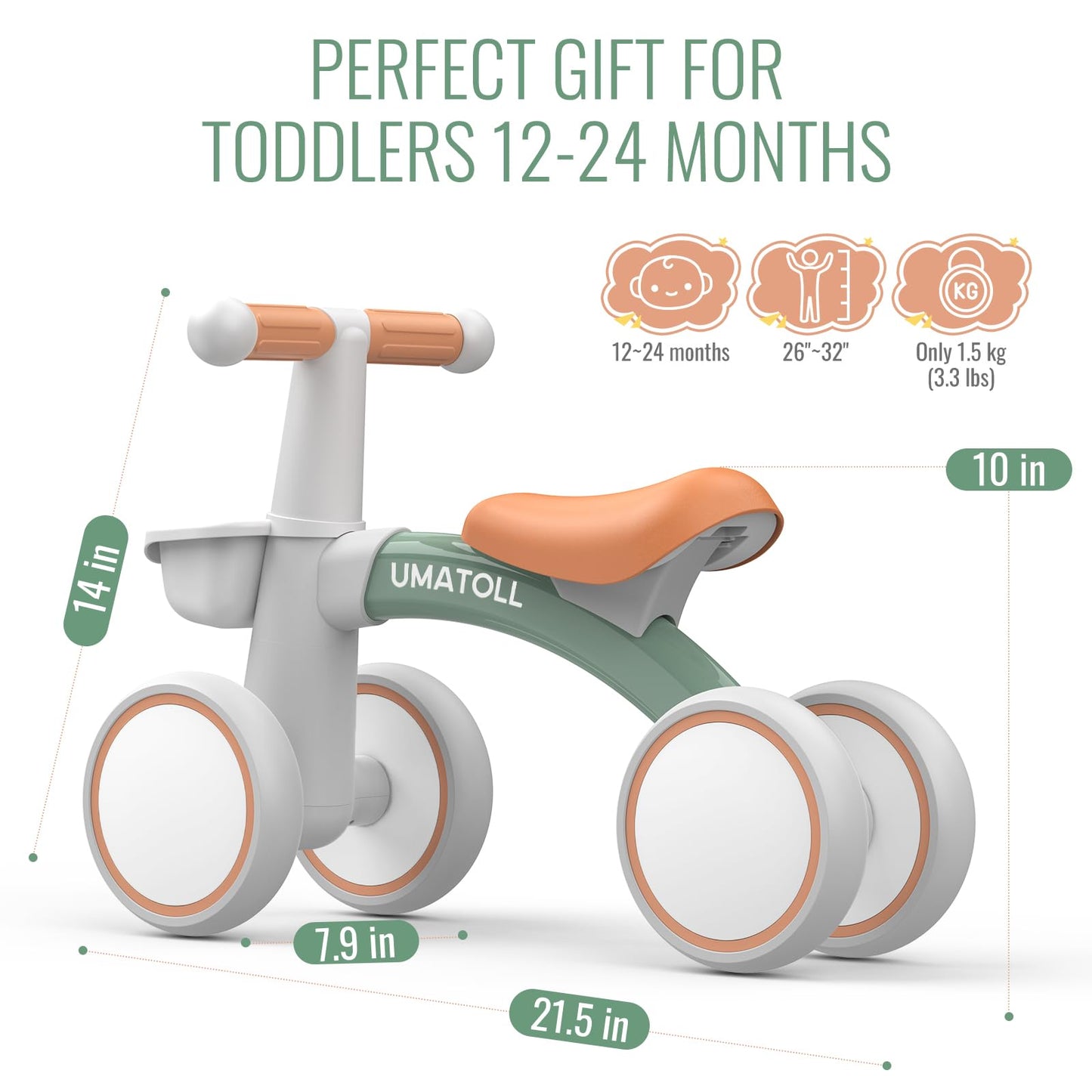 Umatoll Baby Balance Bike Toys for 1 Year Old Boys Girls Gifts, Adjustable Seat Baby Walker, First Birthday Gifts, 12-24 Months Toddler Ride on Toys with Removable Basket, Green ๐ All In One Marketplace Canada