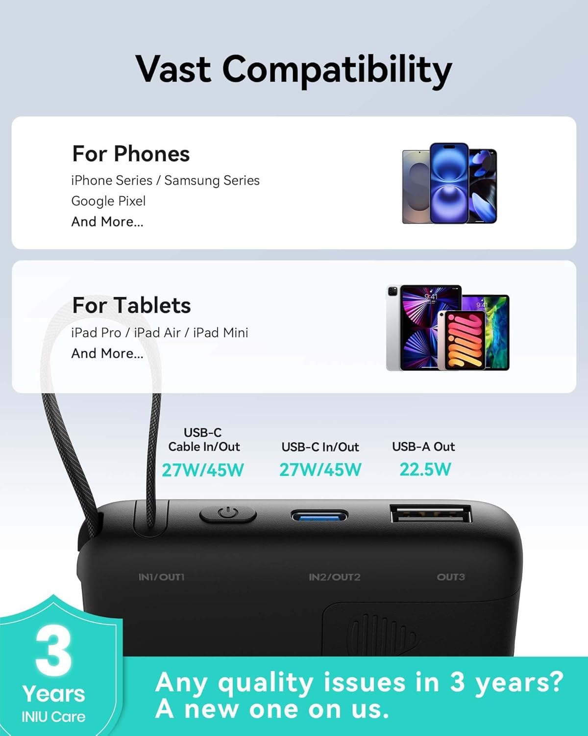 INIU 45W Power Bank, Slimmest 10000mAh Portable Charger with Built in USB C Cable, Fast Charging USB C in&Out Battery Pack, Travel External Phone Charger for iPhone 17 16 15 Samsung S25 S24 iPad etc ๐ All In One Marketplace Canada