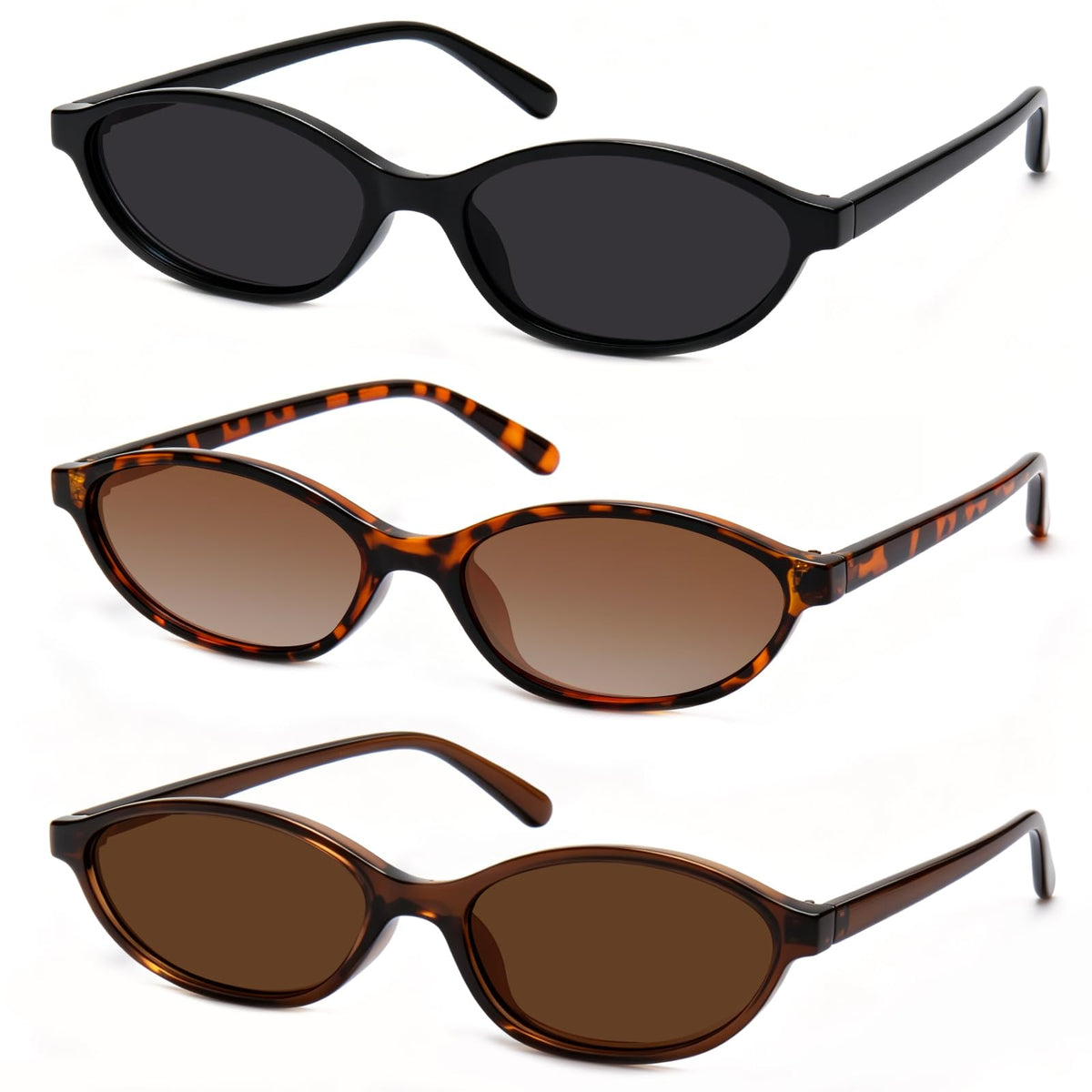 Retro Oval Cat Eye Sunglasses for Women 90s Trendy Small Lightweight Y2k Narrow Sunnies Cateye UV400 Sun Glasses 8057 Black+Brown+Tortoise 🍁 All In One Marketplace Canada