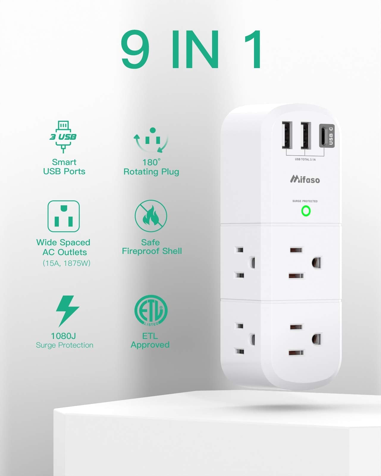 USB Outlet Extender Surge Protector - with Rotating Plug, 6 AC Multi Plug Outlet and 3 USB Ports (1 USB C), 3-Sided Swivel Power Strip with Spaced Outlet Splitter for Home, Office, Travel 🍁 All In One Marketplace Canada
