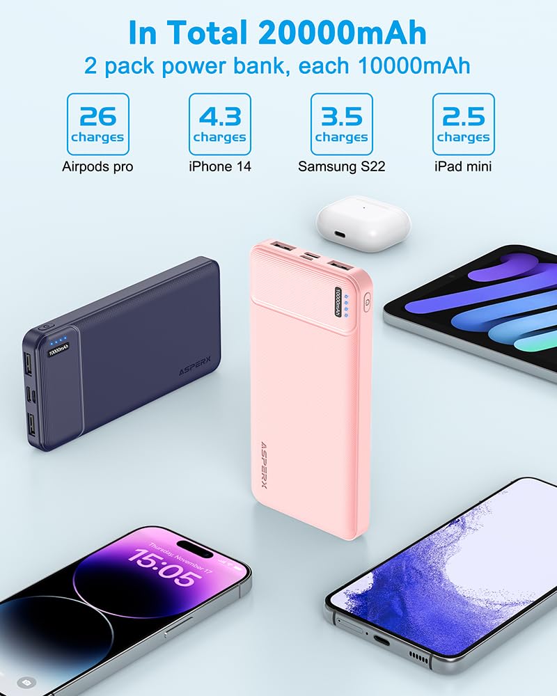 AsperX Power Bank 2 Pack, 10000mAh USB C Portable Charger for iPhone, Portable Battery Bank with 3 Outputs, Travel Essentials Battery Pack Power Bank for iPhone Series, Smartphones, Earphones and More ๐ All In One Marketplace Canada