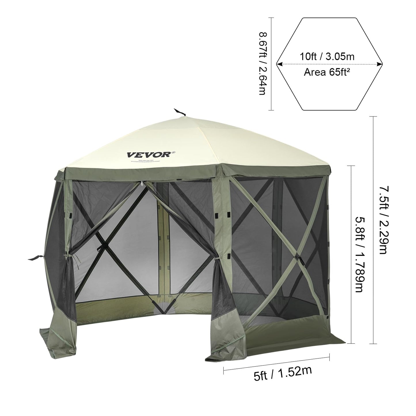 VEVOR Pop Up Gazebo Tent, Pop-Up Screen Tent 6 Sided Canopy Sun Shelter with 6 Removable Privacy Wind Cloths & Mesh Windows, 10x10FT Quick Set Screen with Mosquito Netting, Army Green ๐ All In One Marketplace Canada
