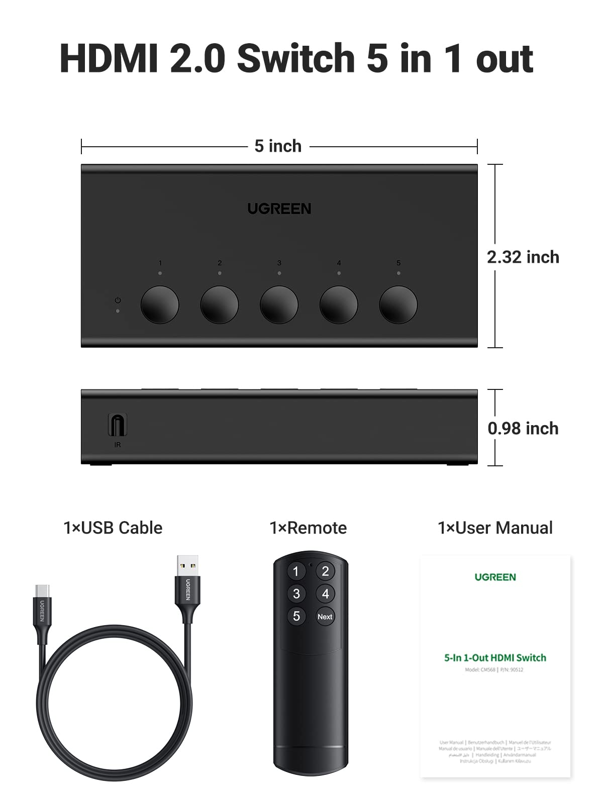 UGREEN HDMI Switch 5 in 1 Out 4K@60Hz, HDMI 2.0 Switcher 5 Port with IR Remote Selector Box 4K HDR 3D Dolby Vision Atmos CEC HDCP2.2, Compatible with PS5 4 3 Xbox Switch TV Black ๐ All In One Marketplace Canada