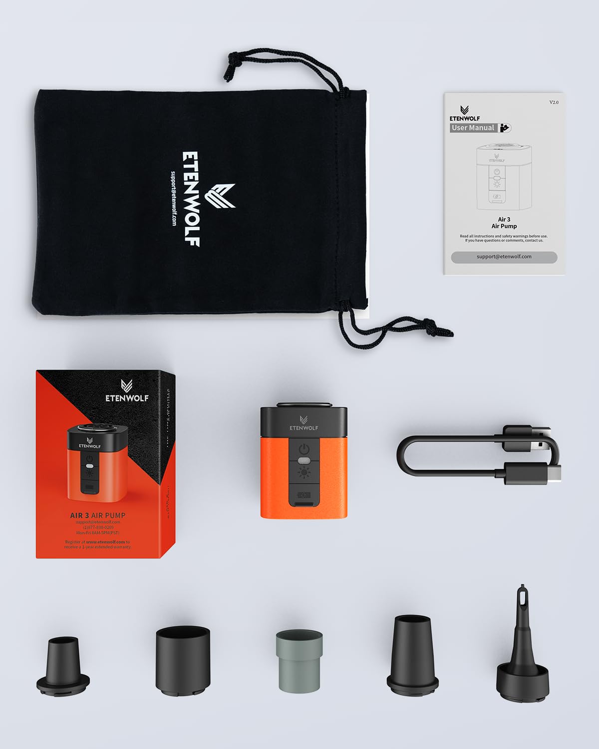 ETENWOLF AIR 3 Air Pump for Inflatables with 2600 mAh Battery & Camping Light, Ultra-Fast and Mini Electric Air Pump, Inflate Deflate for Air Mattress, Pool Floats, Vacuum Storage Bags, Vivid Orange ๐ All In One Marketplace Canada