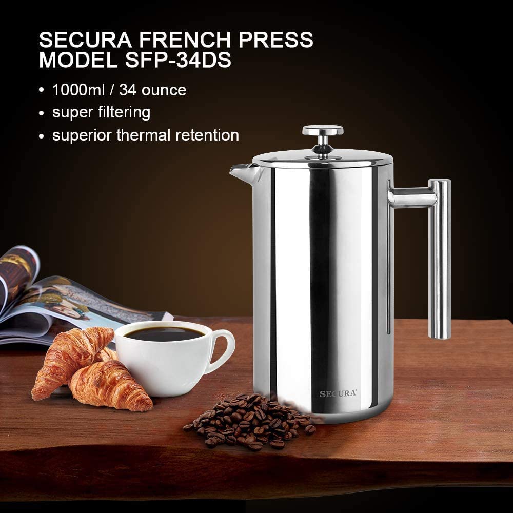 Secura French Press Coffee Maker, 304 Grade Stainless Steel Insulated Coffee Press with 2 Extra Screens, 34oz (1 Litre), Silver ๐ All In One Marketplace Canada