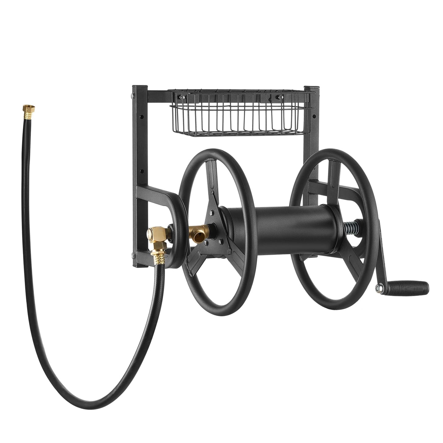 VEVOR Wall Mounted Garden Hose Reel, Holds 125 ft 5/8-inch Hose, Heavy-Duty Water Hose Winder, Space-Saving Design, Outdoor Manual Reel with Brass Fitting and Storage Basket for Yard Lawn ๐ All In One Marketplace Canada