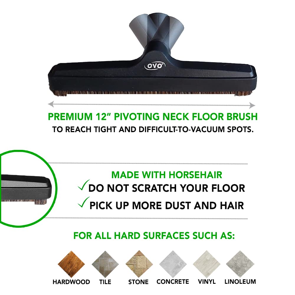 OVO Universal Vacuum Cleaner Floor Brush for Hard Surface with Natural Bristles, 12 inch, 1 1/4 inch (32mm) Inner Diameter, Fits All, Black (ACC-216-BK.) ๐ All In One Marketplace Canada