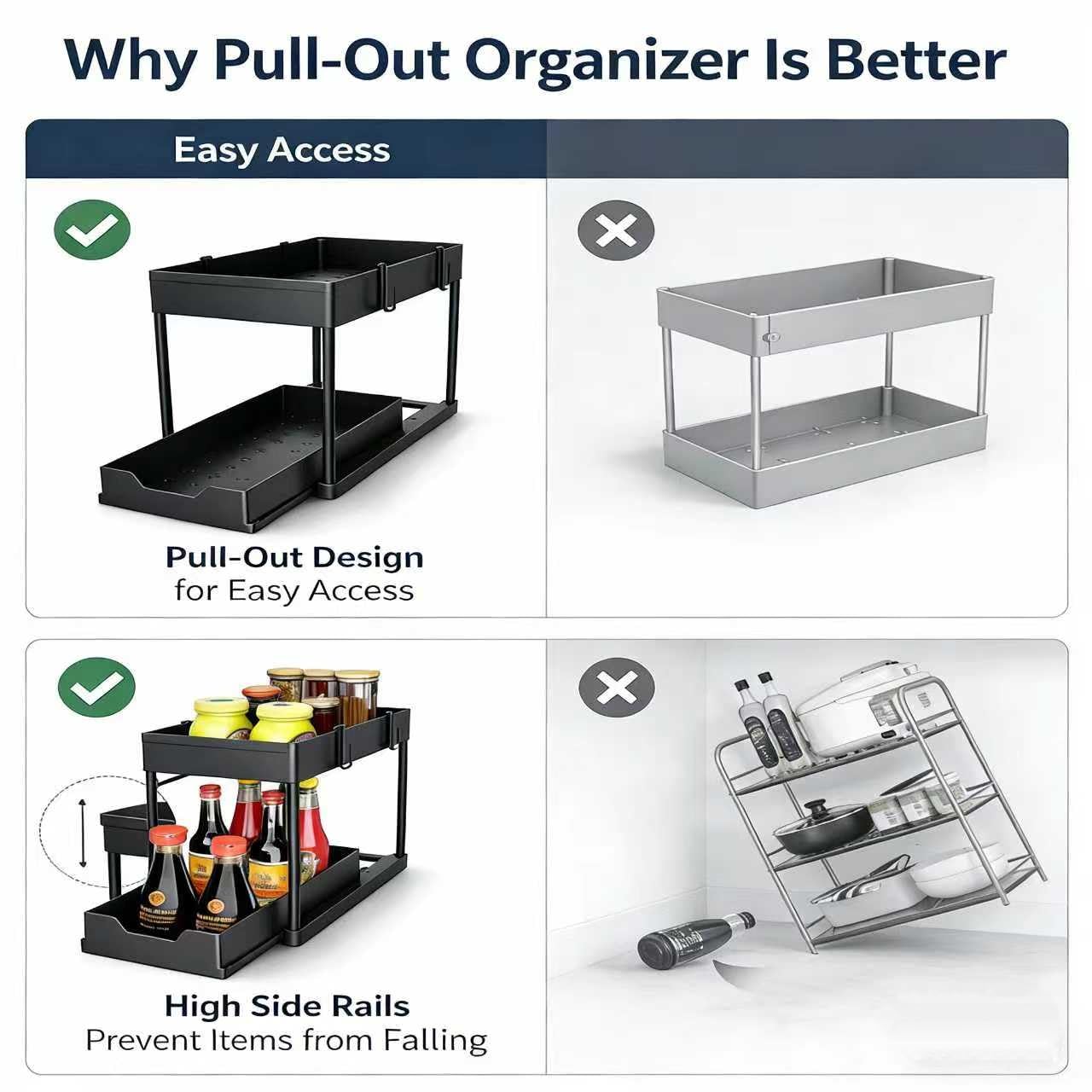 Sevenblue 4 Pack Under Sink Organizer and Storage,Bathroom Organizers, Multi-Use Under Sink Organizer for Bathroom and Kitchen with Sliding Drawer, Hang Hooks and Cup (Black, L) ๐ All In One Marketplace Canada
