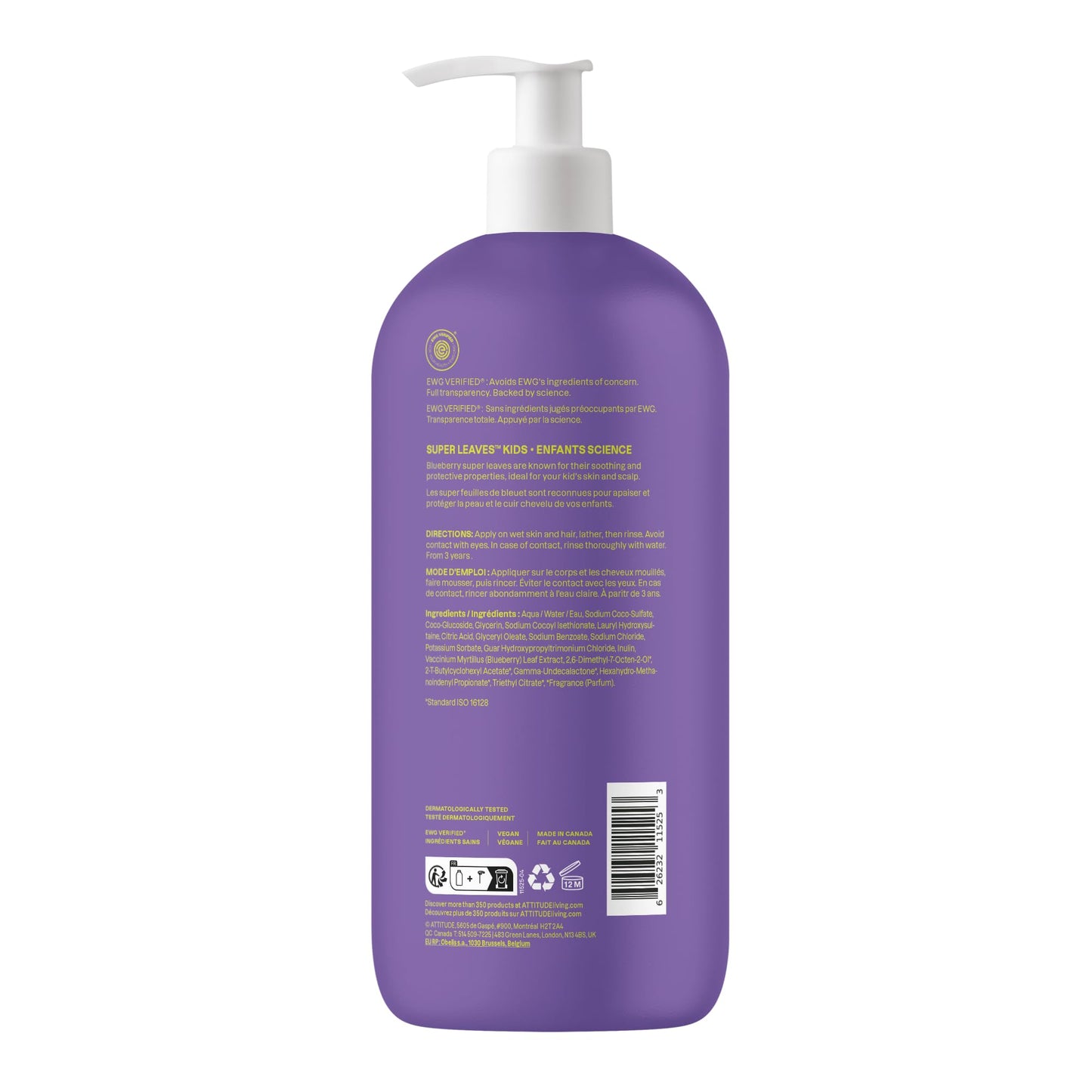 ATTITUDE Shampoo and Body Wash for Kids, Made in Canada, EWG Verified Hair and Body Cleanser, Dermatologically Tested Soap, Plant and Mineral Based Bath Products, Vegan, Vanilla & Pear, 946 mL 🍁 All In One Marketplace Canada