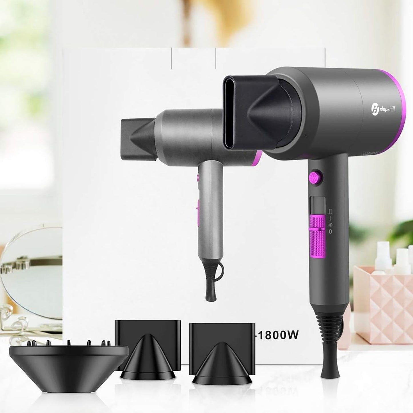 Slopehill Professional Ionic Hair Dryer, Powerful 1800W Fast Drying Low Noise Blow Dryer with 2 Concentrator Nozzle 1 Diffuser Attachments for Home Salon Travel (Grey) 🍁 All In One Marketplace Canada