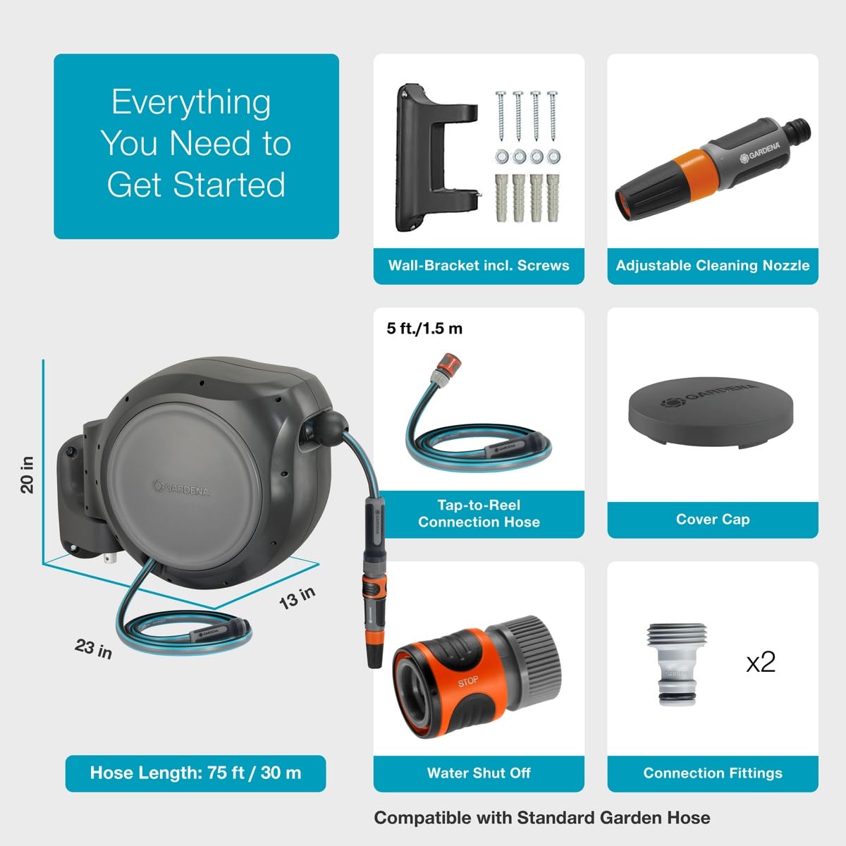 GARDENA 20502-80, Retractable Garden Hose Reel 75' x 1/2" Hose, Wall Mounted, Automatic Retraction & Length Lock for Easy Watering. Heavy Duty Swivel Bracket 180ยฐ, Includes Nozzle. Made in Europe ๐ All In One Marketplace Canada