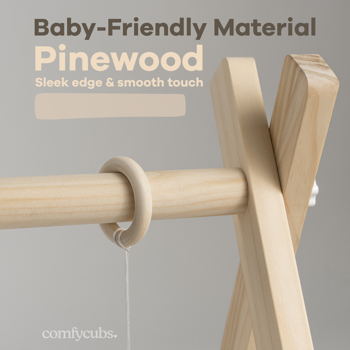 Comfy Cubs - Foldable Baby Play Gym with 5 Hanging Toys - Natural Wood - Ages 0–12 Months
