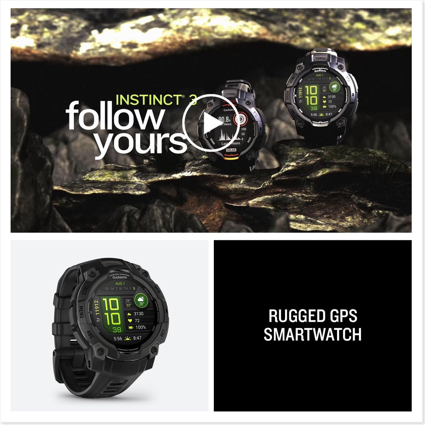 Garmin Instinct® 3 45mm, AMOLED Display, Rugged Outdoor GPS Smartwatch, Metal-Reinforced Bezel, Built-in Flashlight, Up to 18 Days of Battery Life, Black 🍁 All In One Marketplace Canada