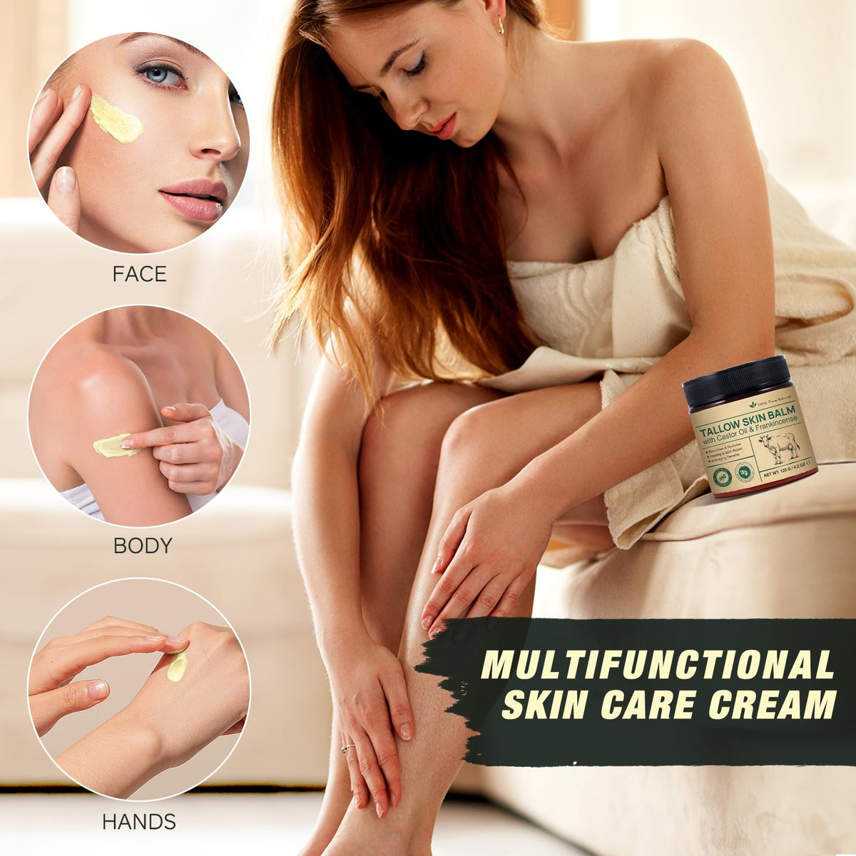Beef Tallow Skin Care with Castor Oi & Frankincenses, Grass Fed Whipped Tallow Honey Balm for Face & Body, Natural Moisturizer Hydrates, Deeply Nourishes, Enhances Natural Radiance 120g ๐ All In One Marketplace Canada