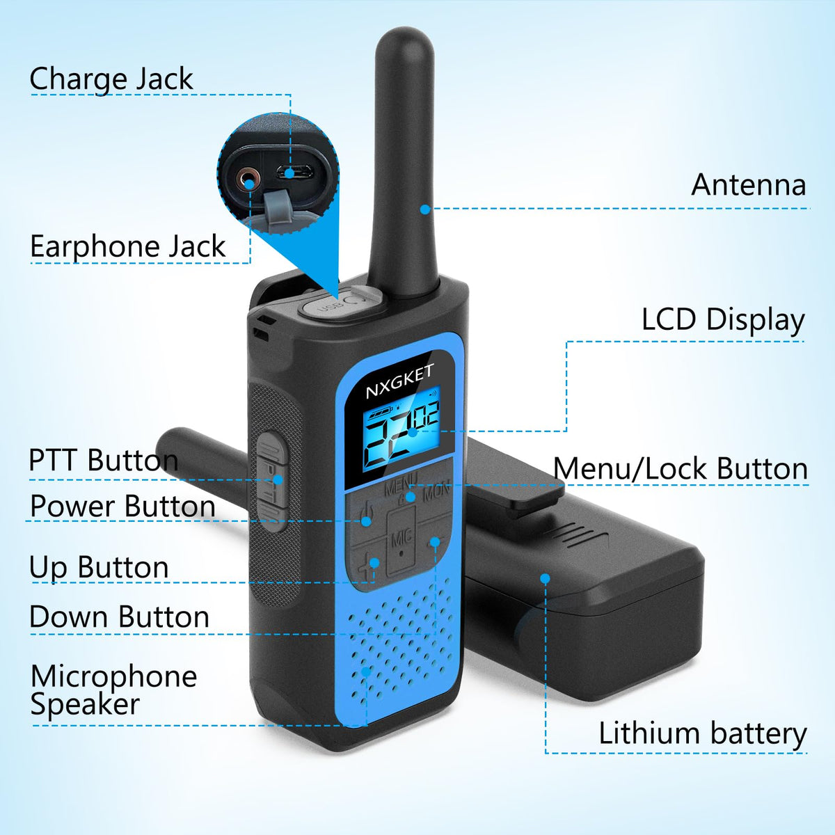 NXGKET Walkie Talkies for Kids Adults, Rechargeable Long Range Walky Talky 2 Way Radios 22 Channels with Li-ion Battery USB-C Cable for Family Toys Gift Camping Hiking 2 Pack π All In One Marketplace Canada
