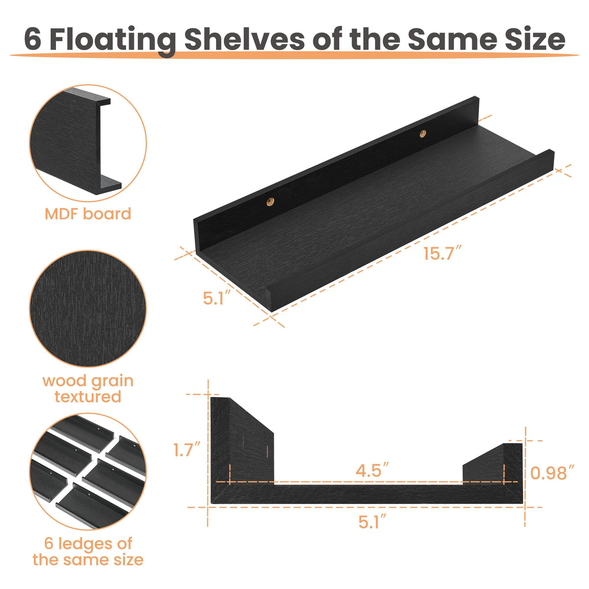 upsimples Floating Shelves for Wall, Decor Storage Set of 6, Wall Mounted Wood Shelves for Bedroom, Living Room, Bathroom, Kitchen, Picture Ledge Shelves, Black ๐ All In One Marketplace Canada