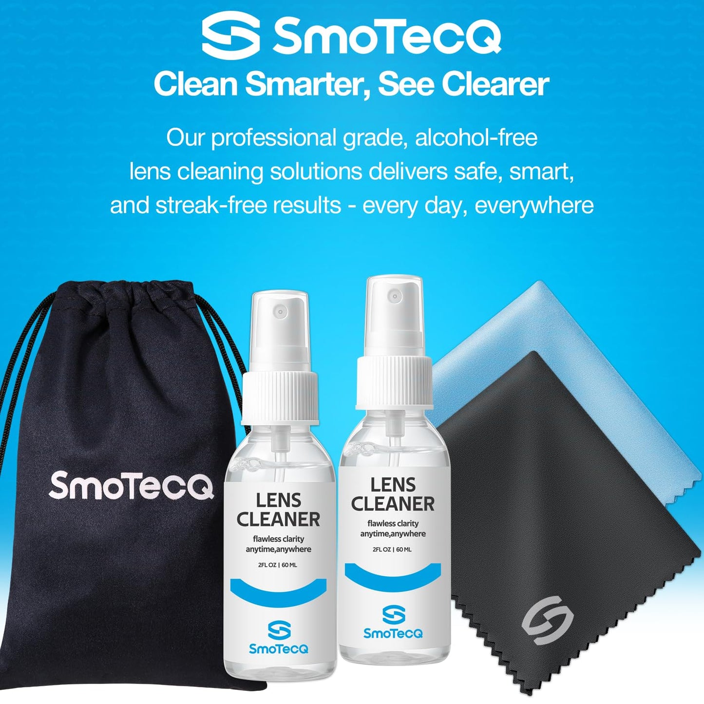 SmoTecQ Glasses Cleaner Kit โ Alcohol-Free, Plant-Based Spray + Ultra-Soft Microfiber Cloths for Eyeglasses, Screens & Cameras โ 2 x 2oz Spray Bottles + 2 Cloths + Travel Pouch Set ๐ All In One Marketplace Canada
