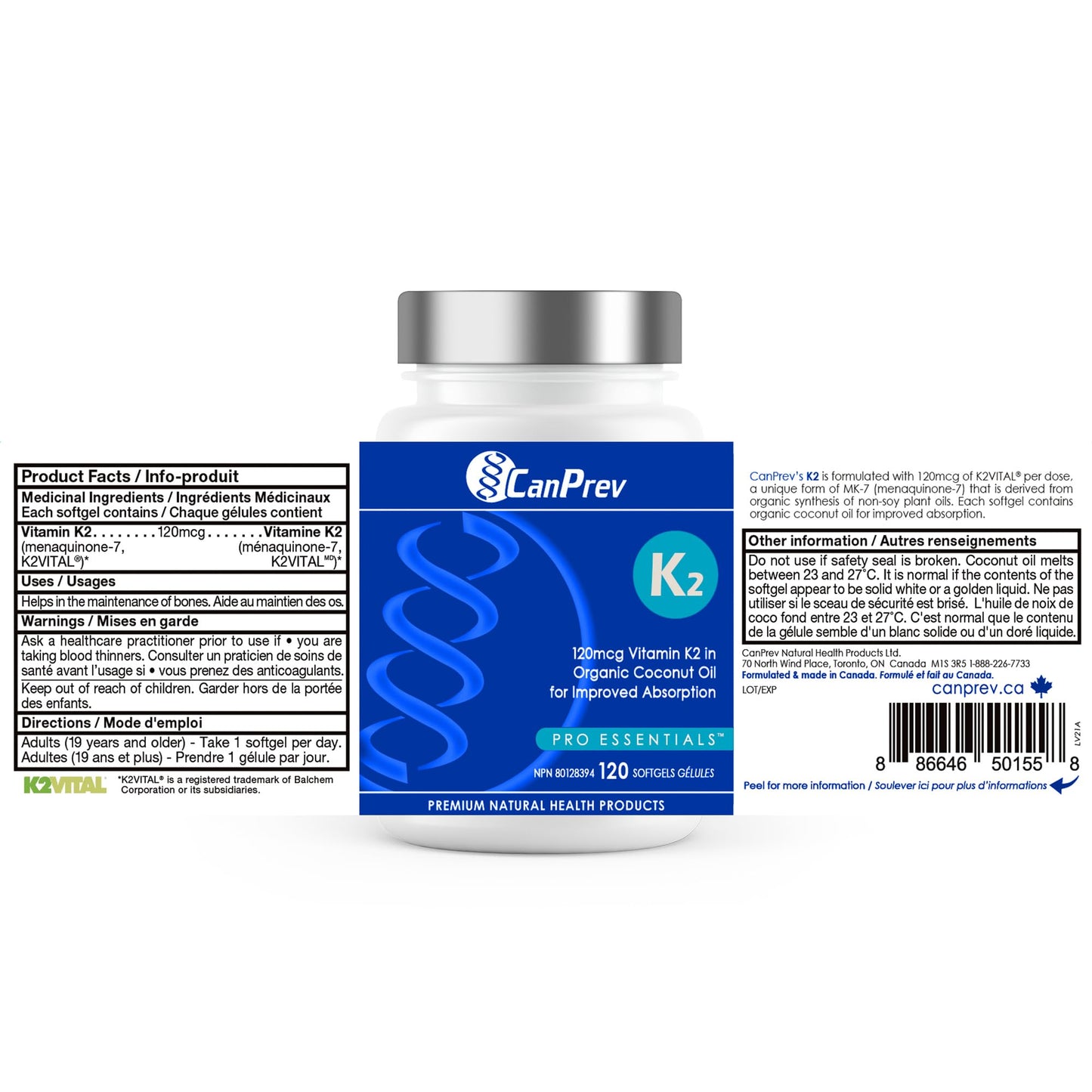 CanPrev K2 120mcg with Organic Coconut Oil, 120 Softgels 120-Day Supply, Pure MK-7 for Enhanced Absorption, Support for Stronger Bones and Healthy Teeth ๐ All In One Marketplace Canada