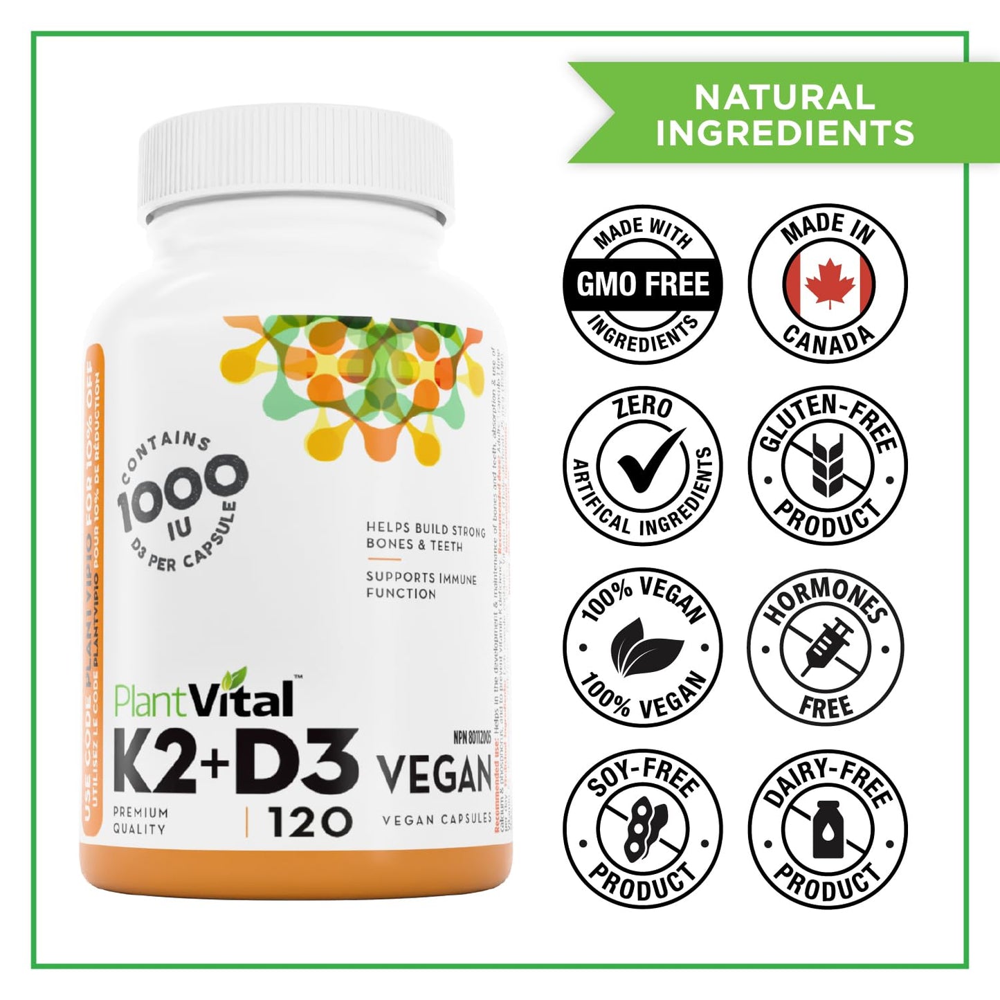 PlantVital High-Potency Vegan Vitamin D3 + K2 -Made in Canada - (1000IU /25 mcg + 120 mcg) for Bones, Teeth and Immune System - Patented MK7 Form - K2 D3 vitamin - 4 Months Supply - 120 Capsules. ๐ All In One Marketplace Canada