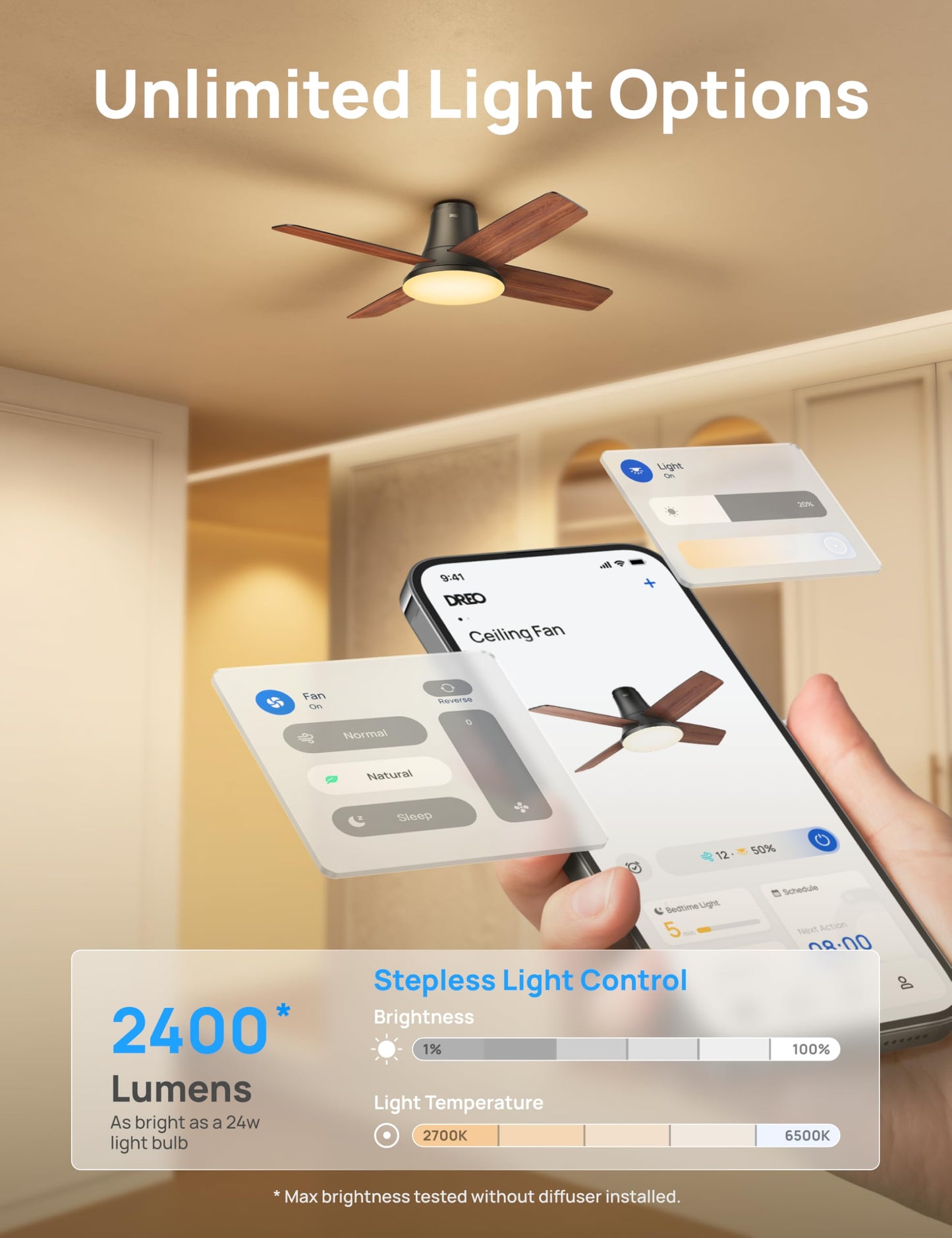 Dreo Ceiling Fans with Lights, 12 Speeds & 3 Fan Modes, Quiet DC Motor, Low Profile Easy to Install, Flush Mount Smart Ceiling Fan with Dimmable LED, 12H Timer for Bedroom, Remote, Black, 44'' ๐ All In One Marketplace Canada