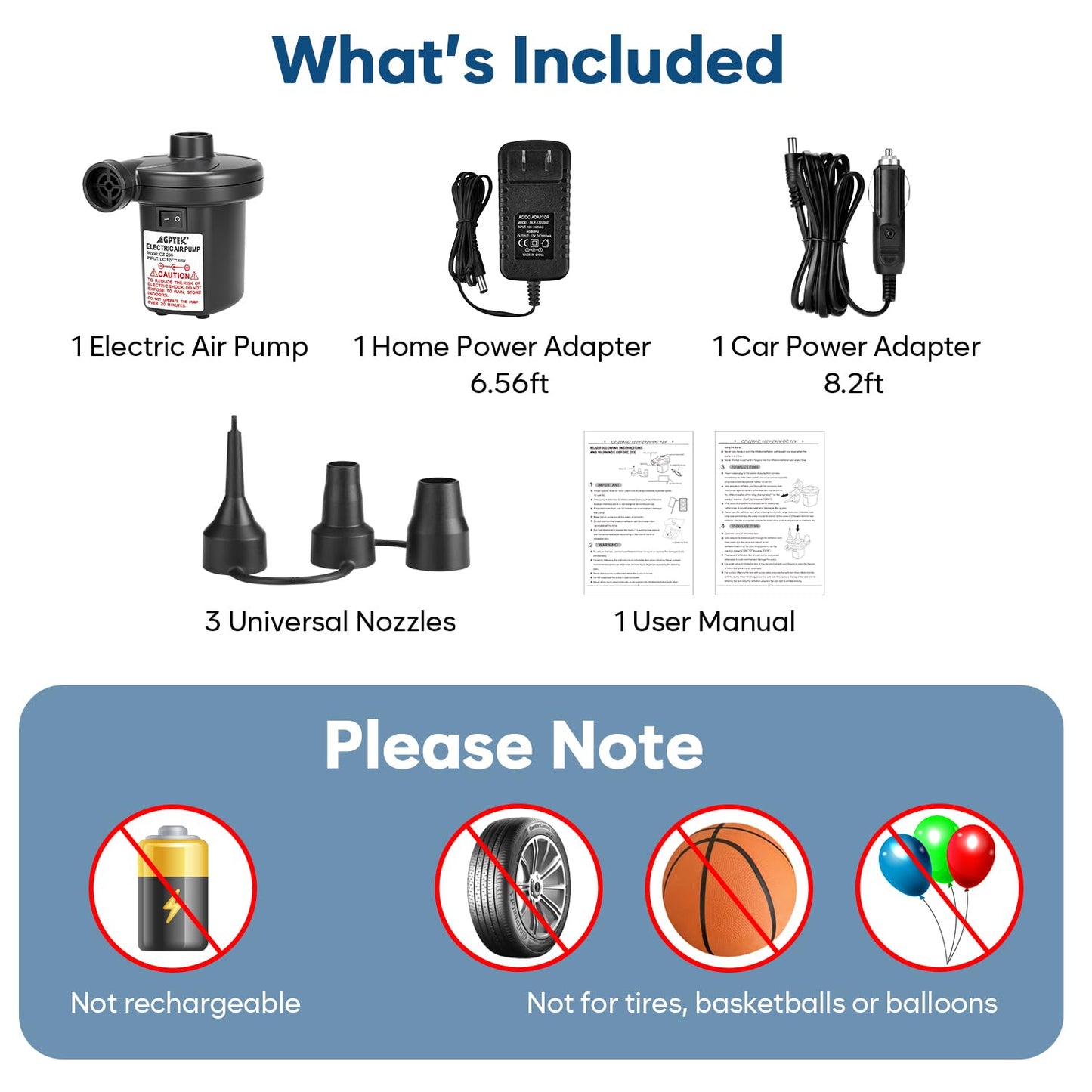 Electric Air Pump, AGPtEK Portable Quick-Fill Air Pump with 3 Nozzles, 4500 Pa 110V AC/12V DC, Perfect Inflator/Deflator Pumps for Outdoor Camping, Inflatable Cushions, Air Mattress Bed, Swimming Ring ๐ All In One Marketplace Canada