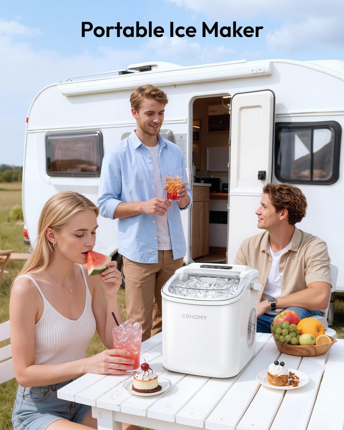 EUHOMY Countertop Ice Maker Machine with Handle, 26lbs Per Day, 9 Ice Cubes Ready in 6 Mins, Auto-Cleaning Portable Ice Maker with Basket and Scoop, for Home/Kitchen/Camping/RV (White) π All In One Marketplace Canada