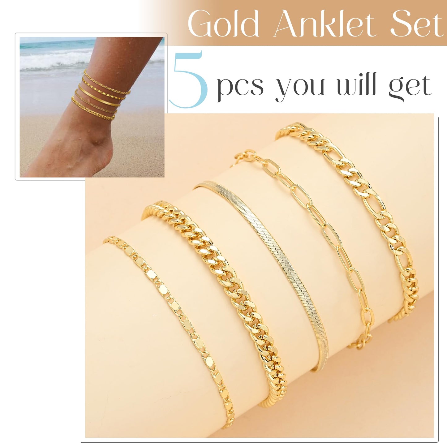 Gold Ankle Bracelets for Women, 14k Gold Plated Waterproof Cuban Link Chain Anklets Set, Layered Anklet Bracelets for Women Beach Gift Adjustable Size 5pc (GOLD-1) ๐ All In One Marketplace Canada