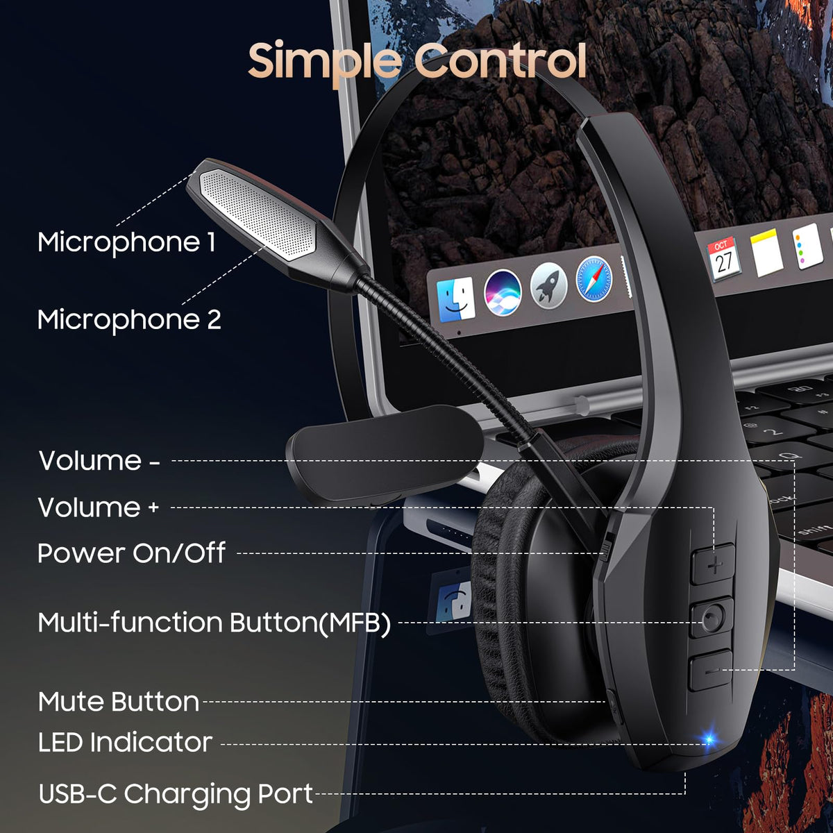 Bluetooth Headset with Microphone, Trucker Headset Bluetooth Wireless Noise Cancelling & Mute Button, 55 Hours Working Time Wireless On-Ear Headset ๐ All In One Marketplace Canada