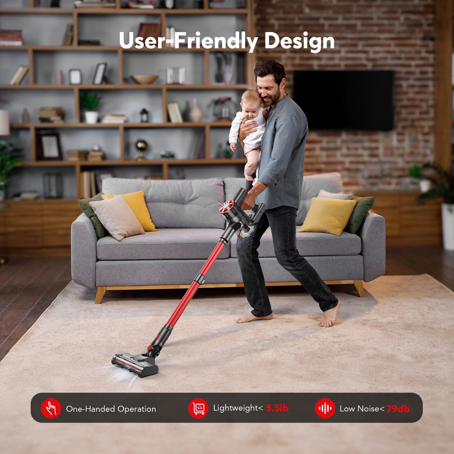 Cordless Vacuum Cleaner, 80,000PRM Stick Vacuum with 2 Powerful Suction Modes, Max 40 Mins Runtime, Protable 2600mAh Rechargeable Battery Vacuum Cleaner for Home (Pale Red) ๐ All In One Marketplace Canada