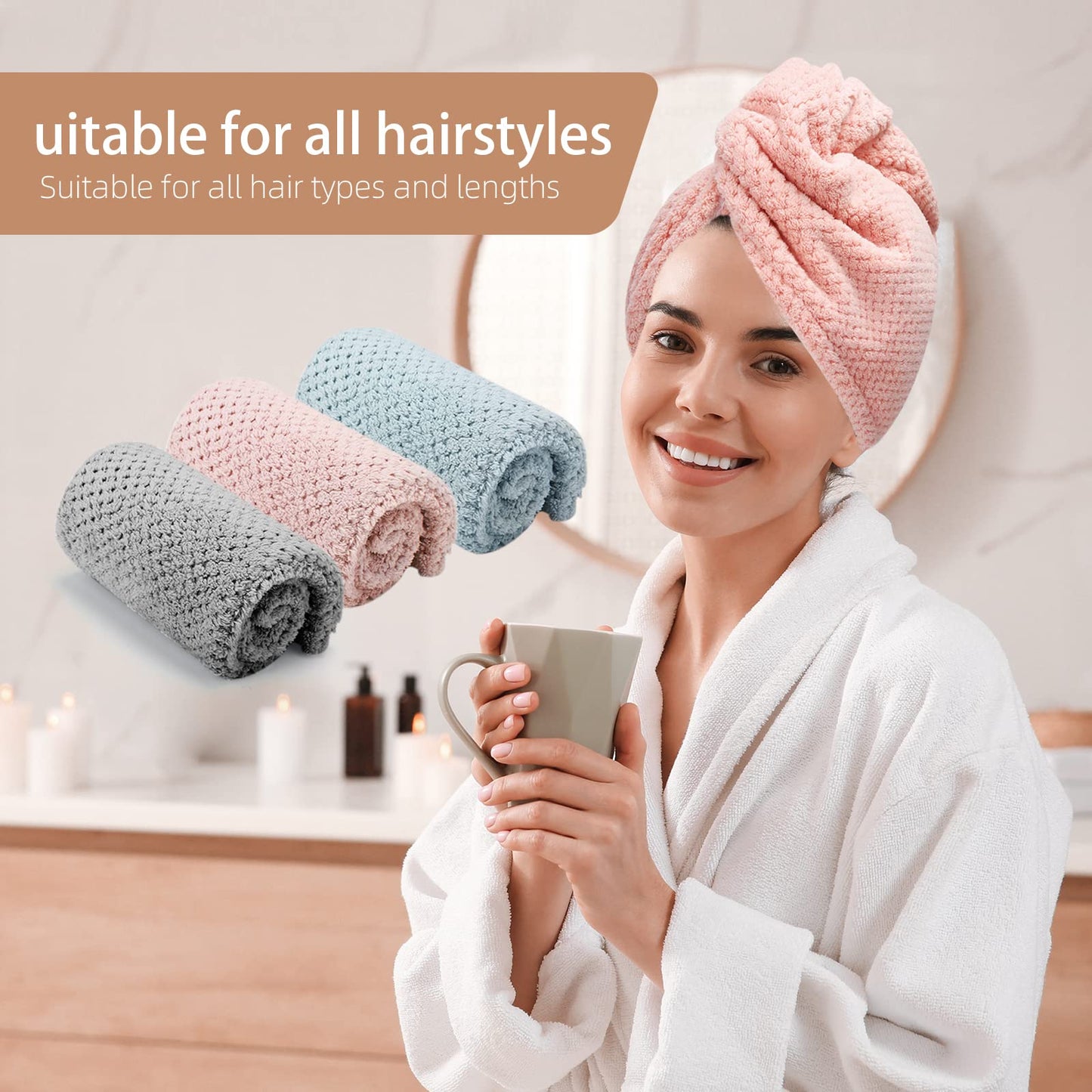 CZZXI 3 PCS Microfiber Hair Towel, Hair Wraps for Women Wet Hair, Fast Drying Hair Turban, Anti Frizz Head Towels Wrap for Curly Hair (Grey, Pink, Blue) ๐ All In One Marketplace Canada