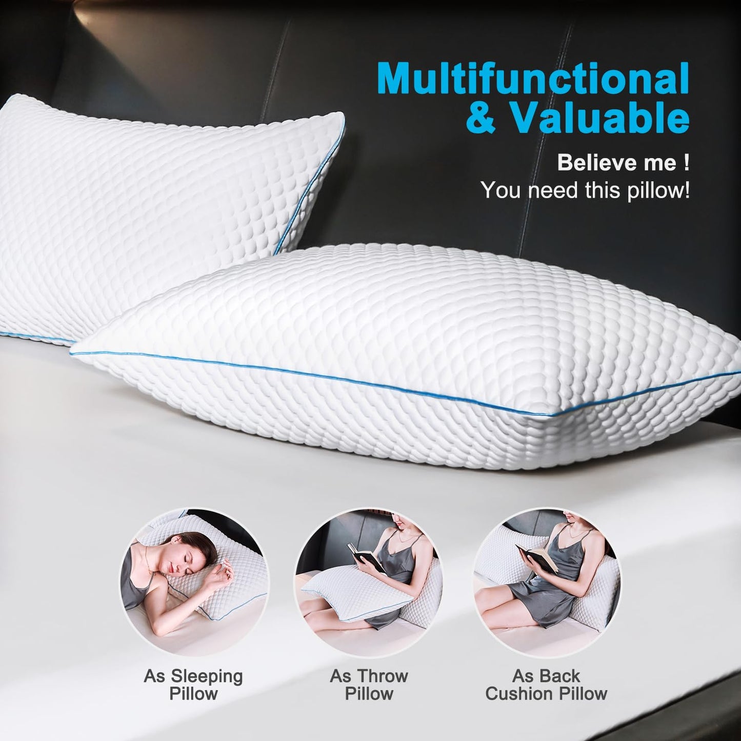 VVZ Cooling Shredded Memory Foam Pillows Queen Size 2 Pack, Adjustable Firm Bed Pillows for Side Back Stomach Sleepers, Luxury Gel Pillow for Hot Sleepers with Breathable Washable Cover ๐ All In One Marketplace Canada