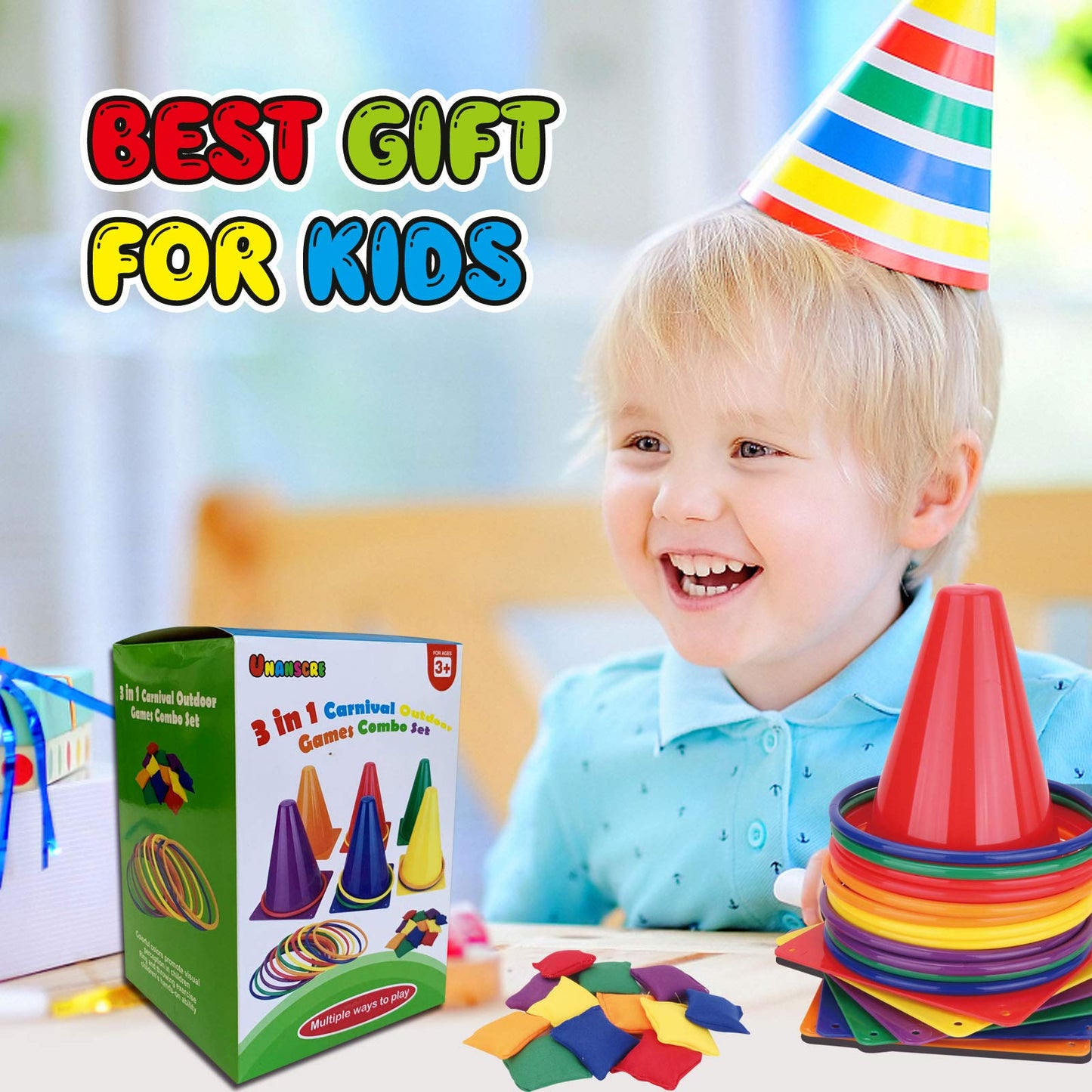 unanscre 31PCS 3 in 1 Carnival Outdoor Games Combo Set for Kids, Soft Plastic Cones Bean Bags Ring Toss Game, Gift for Birthday Party/Xmas ๐ All In One Marketplace Canada