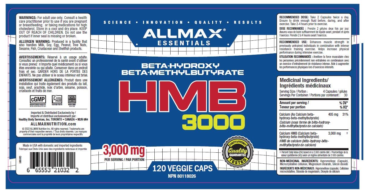 ALLMAX HMB Capsules, 3000 mg, 120 Count, 30 Servings π All In One Marketplace Canada
