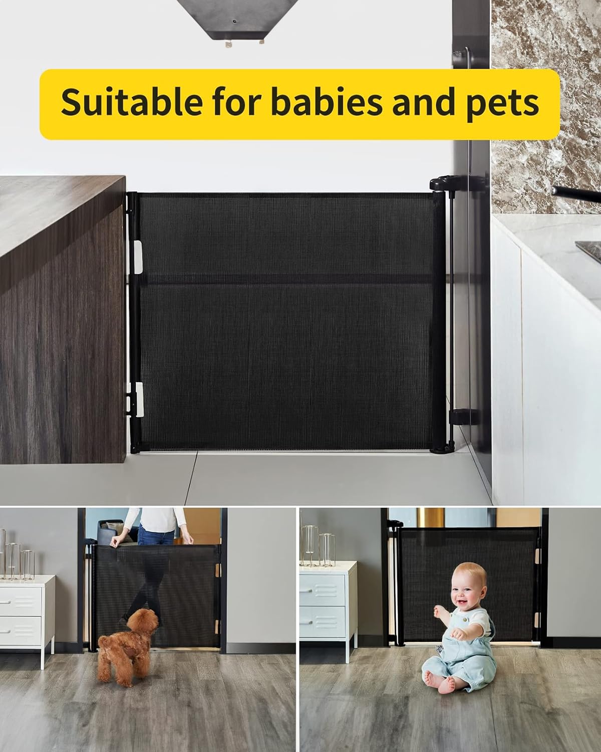 Retractable Baby Gates for Stairs, 55 Wide Mesh Dog Gate for Doorways, 33.6" Tall Easy to Use Pet Fence for The House, Toddler Safety Essentials Indoor&Outdoor, Black 🍁 All In One Marketplace Canada