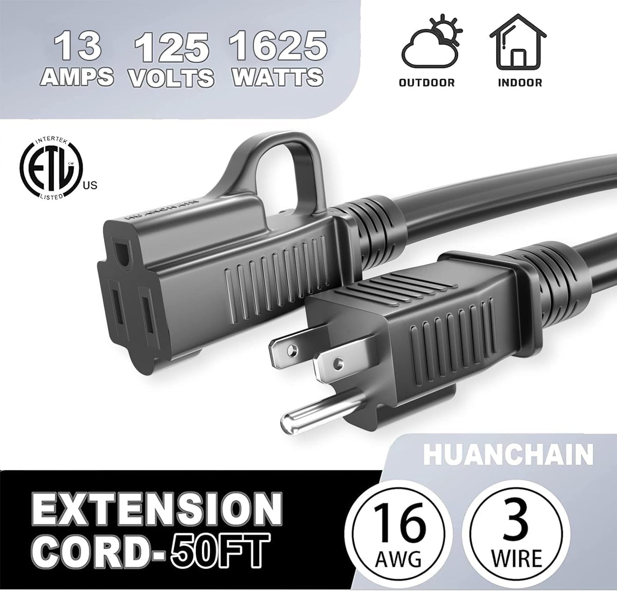 HUANCHAIN Indoor Outdoor Black Extension Cord 50 ft Waterproof, 16/3 Gauge Flexible Resistant Appliance Extension Cord Outside, 13A 1625W 16AWG SJTW, 3 Prong Electric Cable, ETL ๐ All In One Marketplace Canada