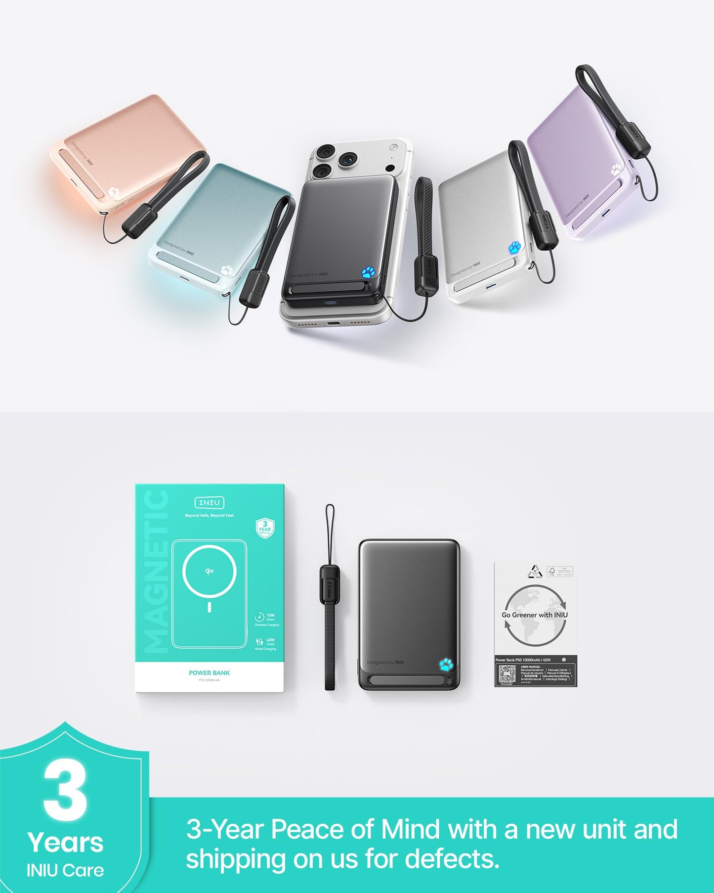 INIU for MagSafe Slimmest Power Bank, Original Qi2 Certified Wireless Fast Charging, 10000mAh 45W Portable Charger with USB C Cable & Stand, Flight Safe Magnetic Battery Pack for iPhone 17-12 Series π All In One Marketplace Canada
