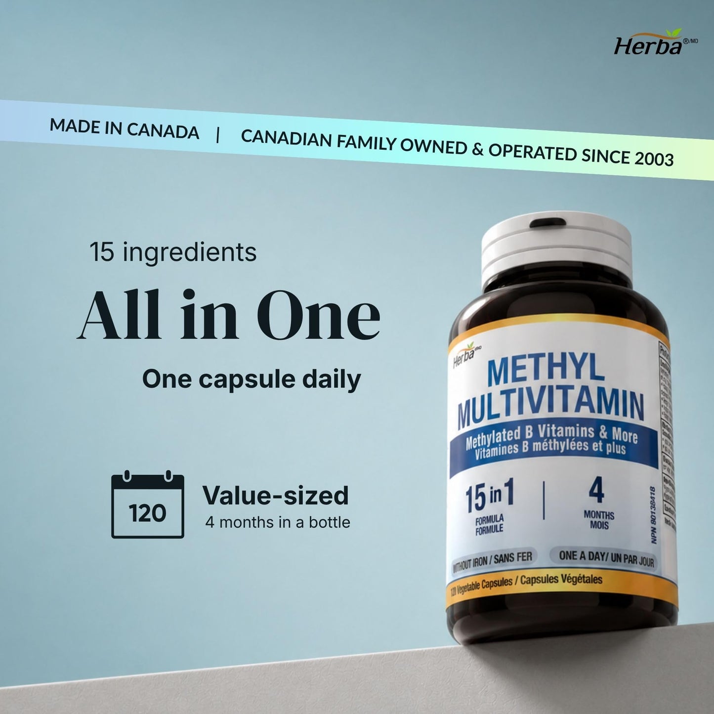 Herba Methylated Multivitamin with 500mg TMG & Methylated B Complex - 120 Capsules | 15 in 1 Formula | B Complex Vitamins for Women & Men including Methyl Folate Supplement | Vegan | Made in Canada ๐ All In One Marketplace Canada