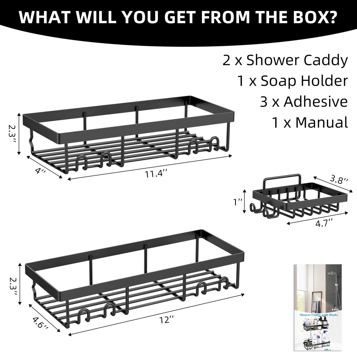 MOFOROCO 3-Pack Shower Caddy Basket Shelf with Soap Holder, No Drilling Traceless Adhesive Shower Wall Shelves, Rustproof Black Bathroom Shower Storage Organizer 🍁 All In One Marketplace Canada