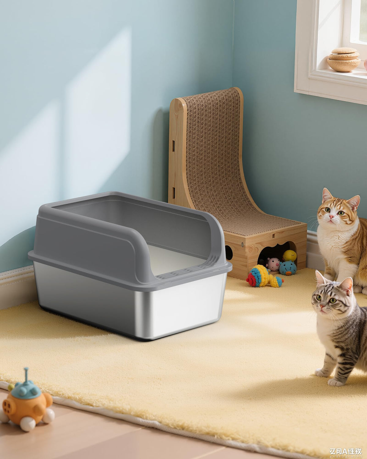 Powools Stainless Steel Cat Litter Box for Kittens, Metal Kitty Litter Box with Scoop, Anti-Leakage Top Entry, Non-Sticky, Easy to Clean, Grey, M (1 Pack) ๐ All In One Marketplace Canada